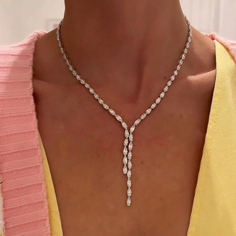 STONEFANS Long Tennis Necklaces for Women - Dainty Silver Lariat Necklace Rhinestone Y Shaped Drop Necklace Cute Choker Necklaces for Women Trendy Silver Prom Jewelry Gifts - Image 4